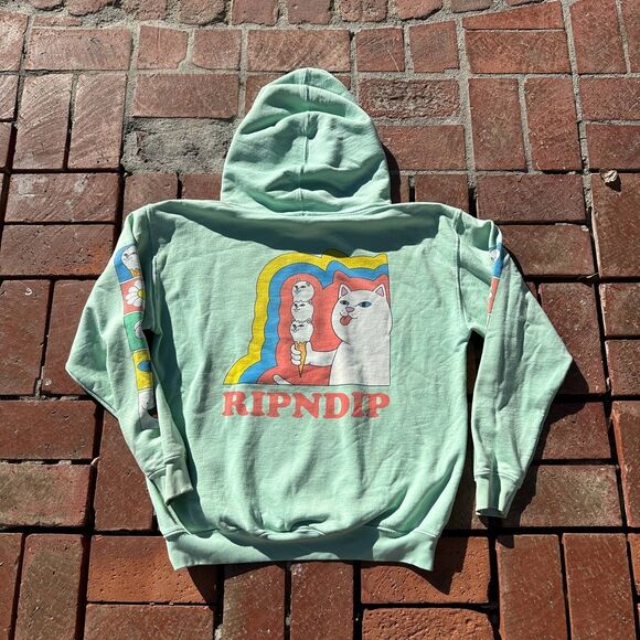 RIPNDIP Hoodie Mens Medium Mint Green Cat Ice Cream Graphic Streetwear Preowned - Picture 1 of 4